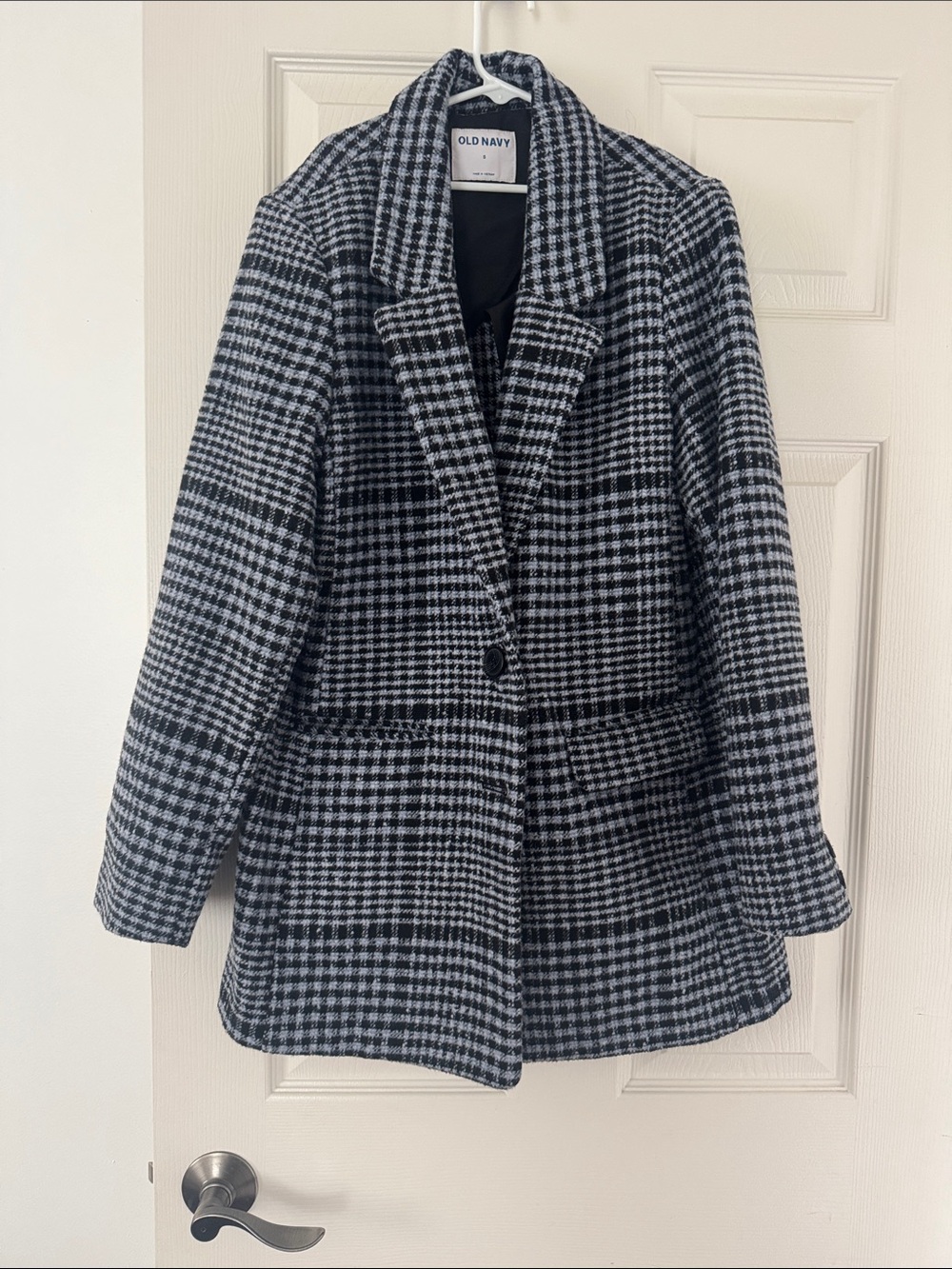 Old Navy Black and White Plaid Wool-Blend Pea Coat